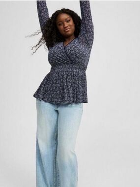 Torrid Floral Babydoll Top Size 0 Navy Blue Long Big Sleeve Flowy Plus Size